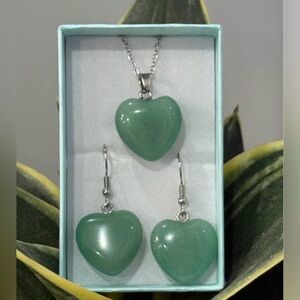 Green Heart Pendant Necklace and Earrings Set
